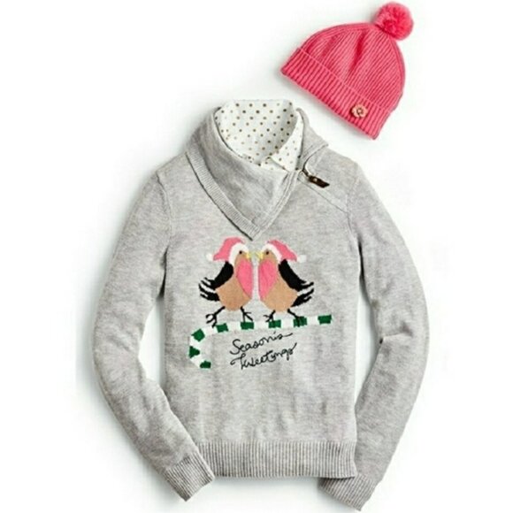 Talbots Novelty Bird Sweater Asymmetrical Zip "Seasons Tweetings" Grey Wool L - Picture 2 of 8